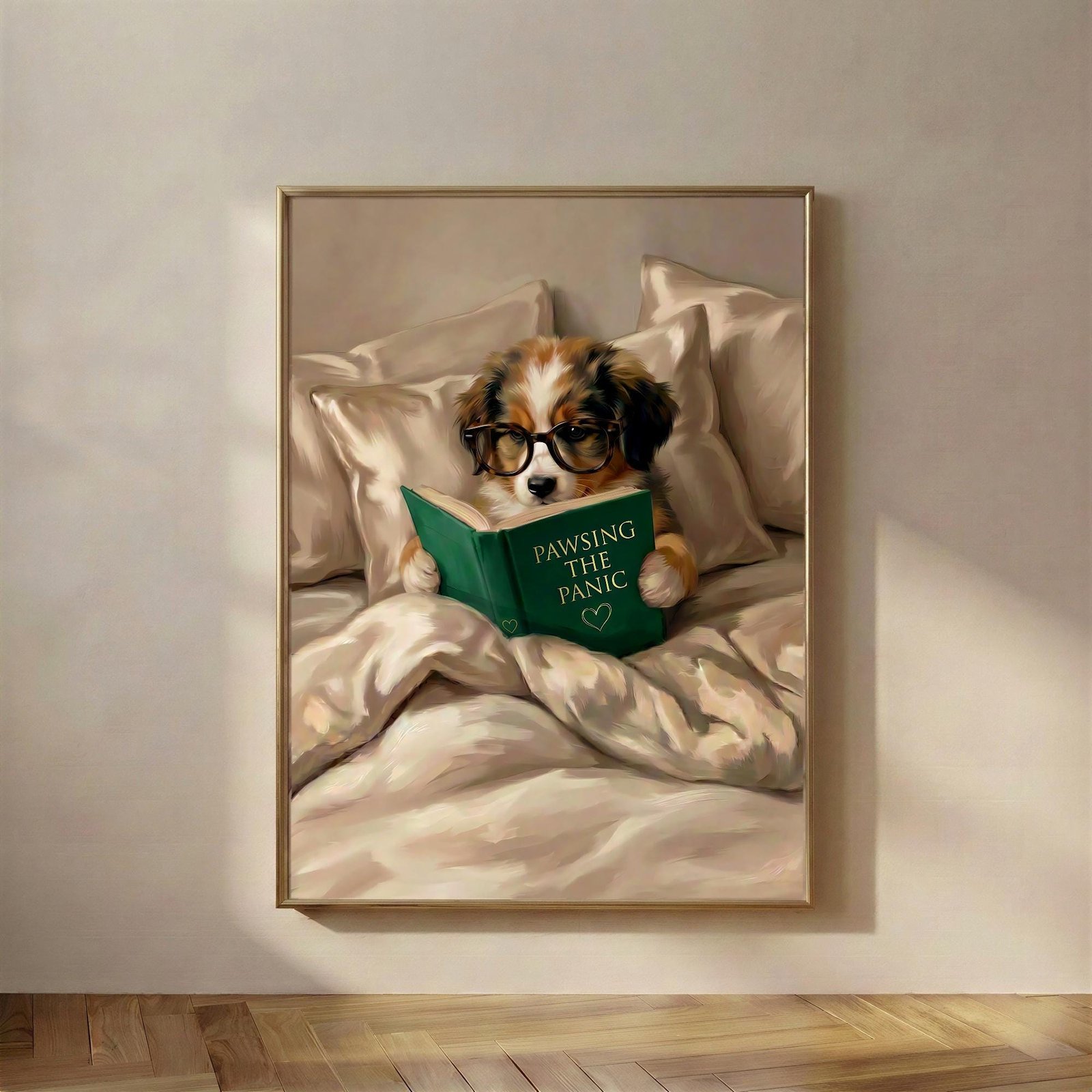 Pawsing the Panic, Dog reading wall art: a dog in reading glasses, propped up in soft linen with a green clothbound book, a puppy handling a big feeling one pag