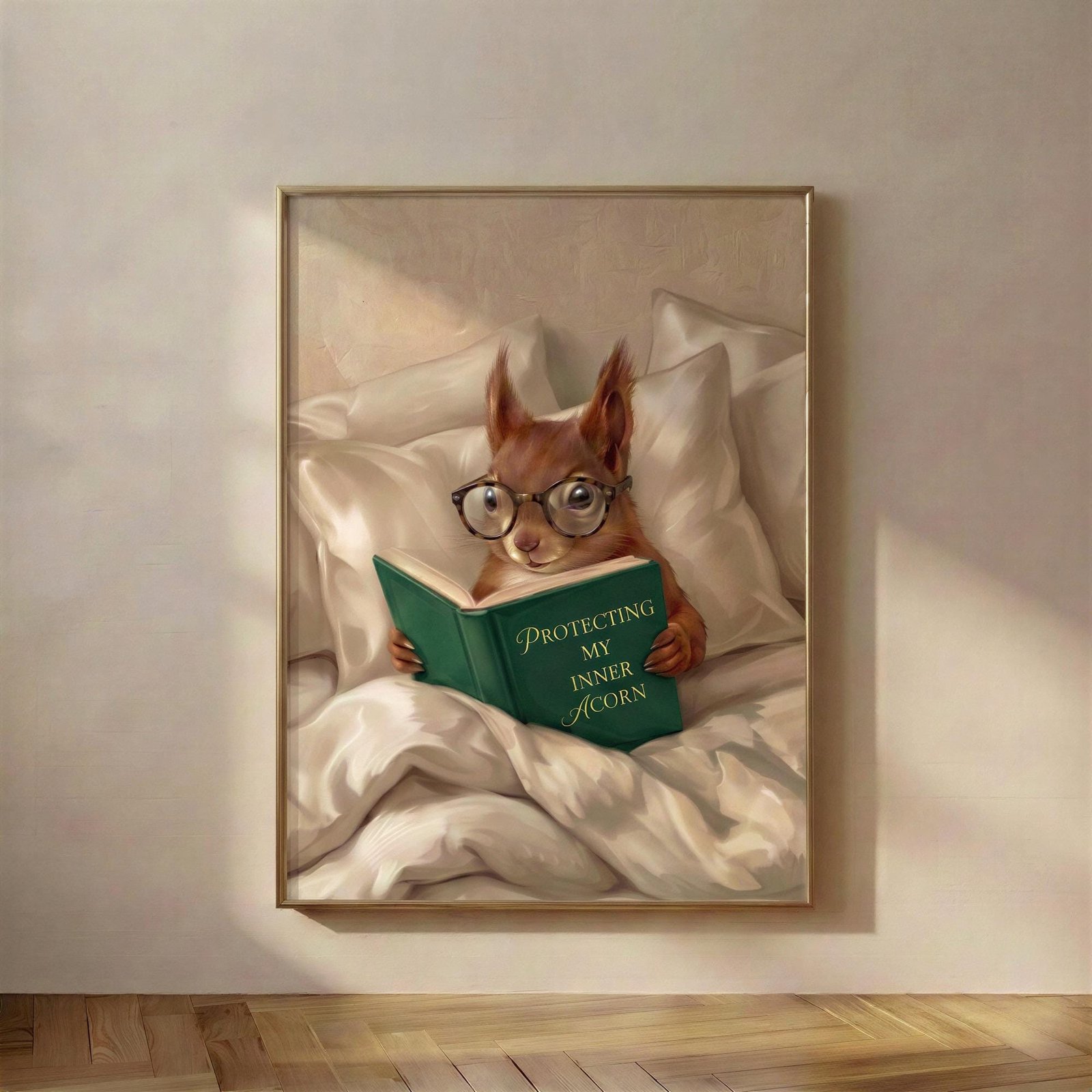 Protecting My Inner Acorn, Squirrel reading wall art: a squirrel in reading glasses, propped up in soft linen with a green clothbound book, a small hoarder defe