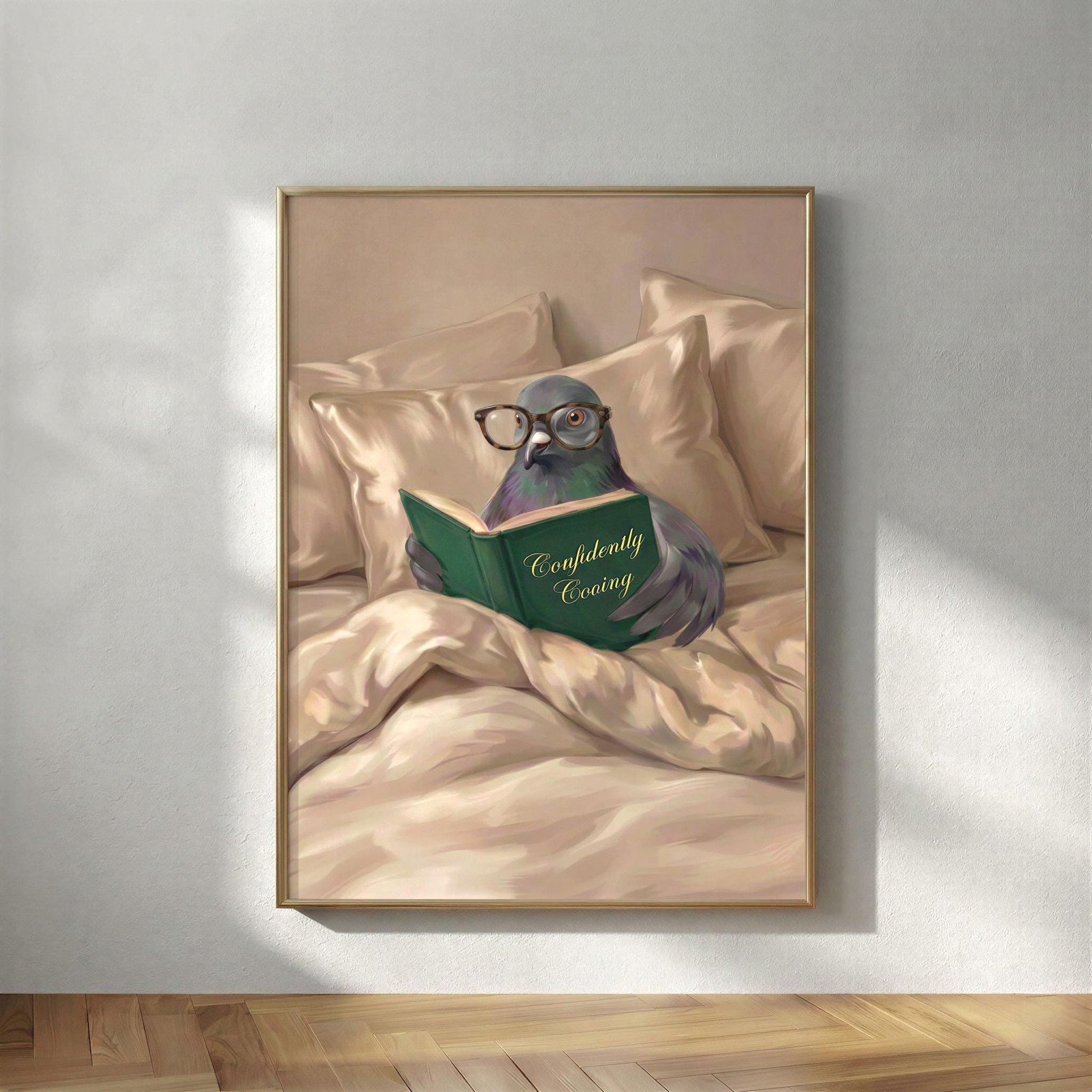 Confidently Cooing, Pigeon reading wall art: a pigeon in reading glasses, propped up in soft linen with a green clothbound book, an ordinary bird entirely at pe