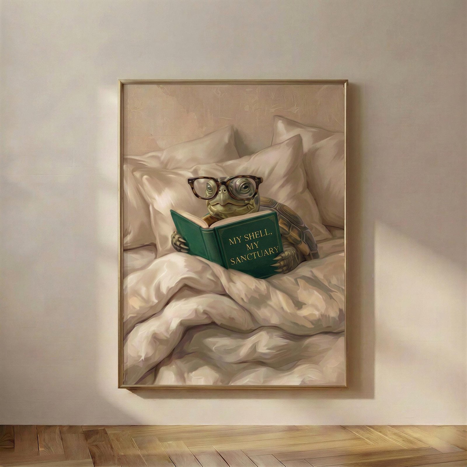 My Shell, My Sanctuary, Turtle reading wall art: a turtle in reading glasses, propped up in soft linen with a green clothbound book, someone who carries their q