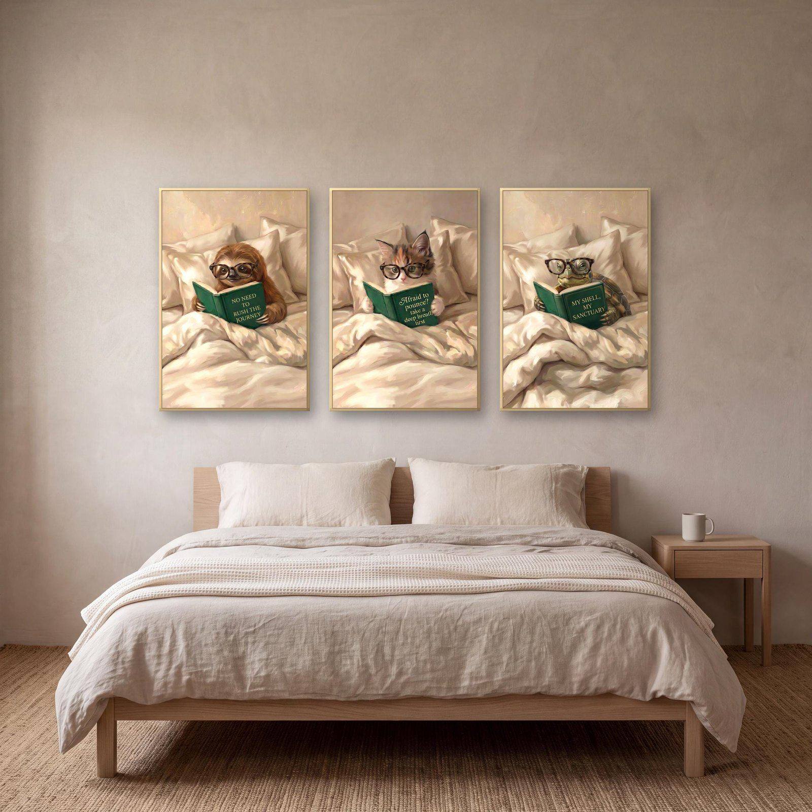 Book Nook Wall Art Set of 6, Six animals, tucked into bed with a green book and a very serious pair of glasses.