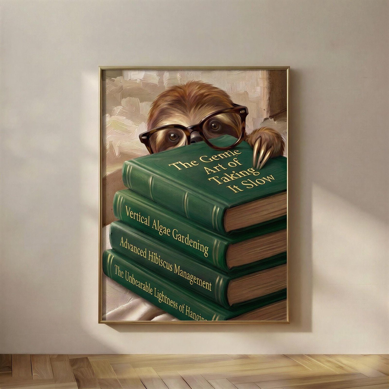 Sloth Peeking Over Books, The Gentle Art of Taking It Slow print, a calm brown sloth with round glasses, long claws resting on the book, peeking over the top bo