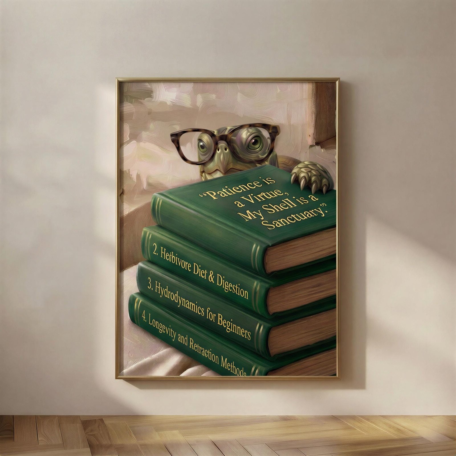 Turtle Peeking Over Books, The Patience Is a Virtue print, a green turtle with round glasses and a scaly paw on the book stack, peeking over the top book titled