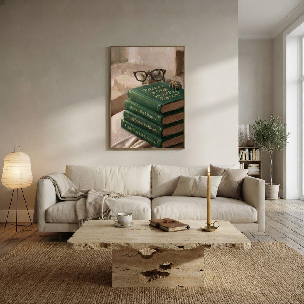A framed print from the Animals Reading collection, hung in a soft-lit room
