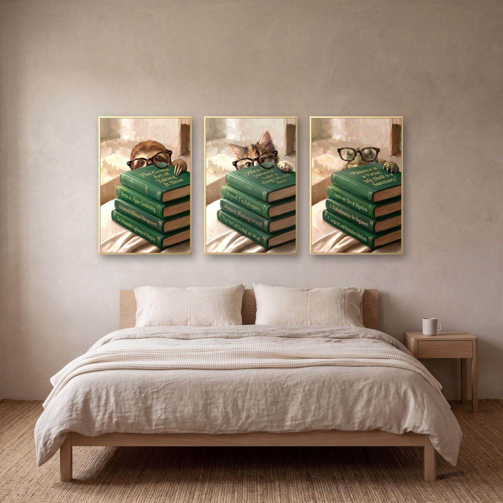 Gallery Wall Set of 6, Six animals in round glasses, peeking over a stack of emerald clothbound books.