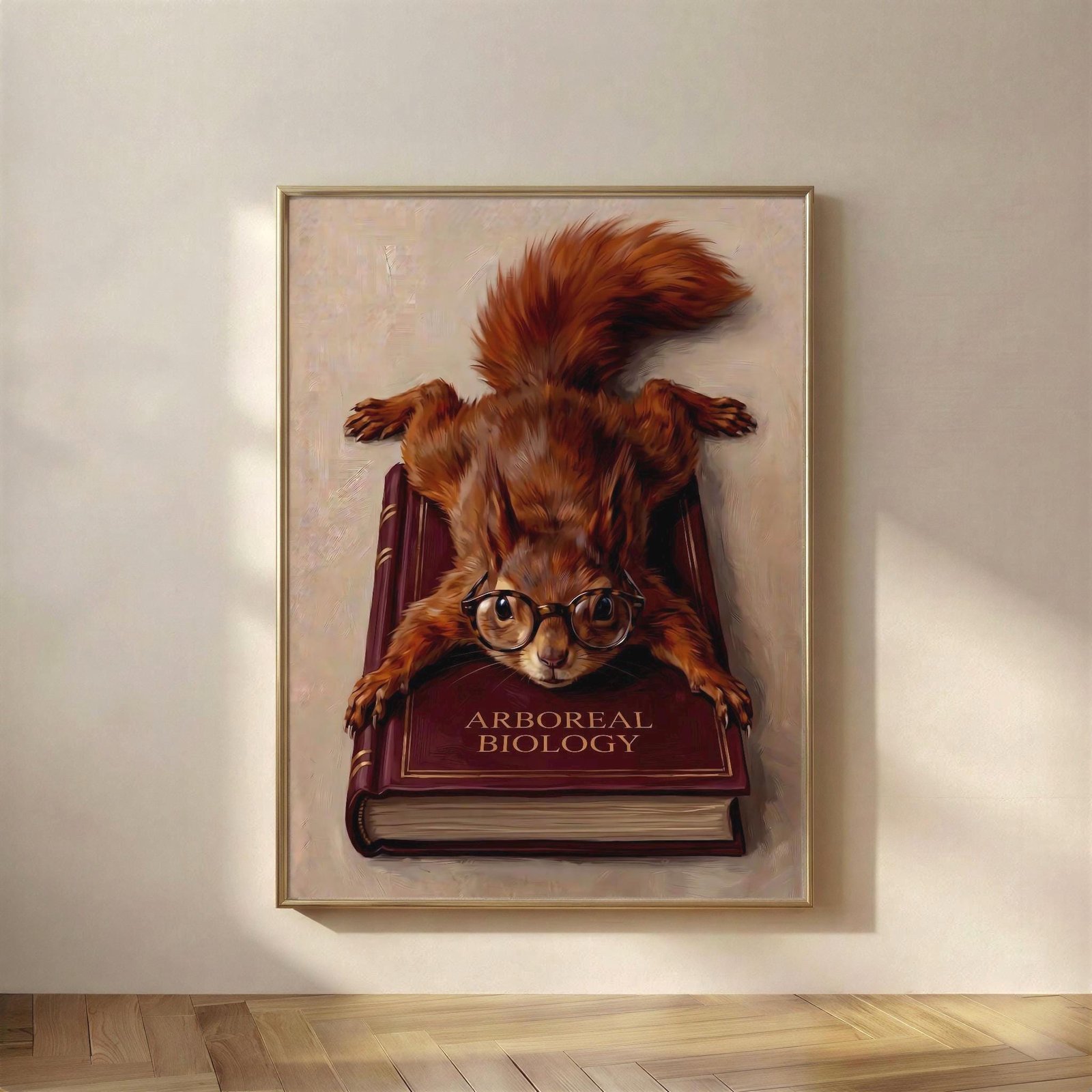 Squirrel Splooting Book Wall Art, The Arboreal Biology print, a red squirrel in round glasses, splayed flat across the textbook that finally beat him.