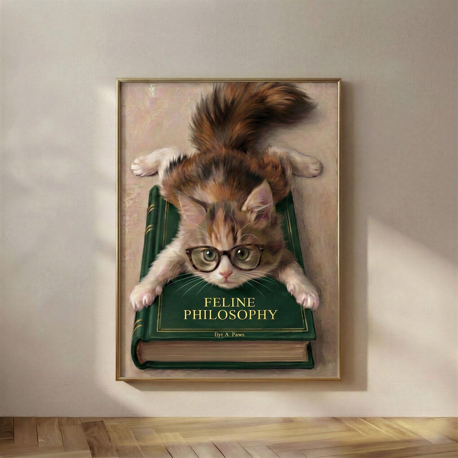 Feline Philosophy, The Feline Philosophy print, a calico kitten in round glasses, splooted across a green clothbound book as if deep in thought.
