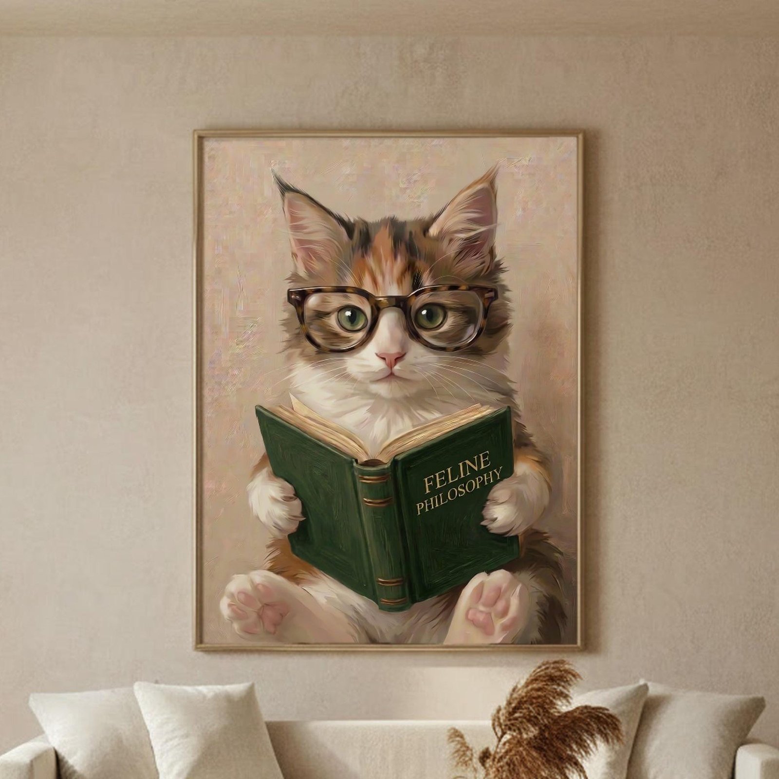 Cat Reading Book Wall Art, A long-haired calico kitten in round tortoiseshell glasses, holding a green clothbound book open with both front paws.