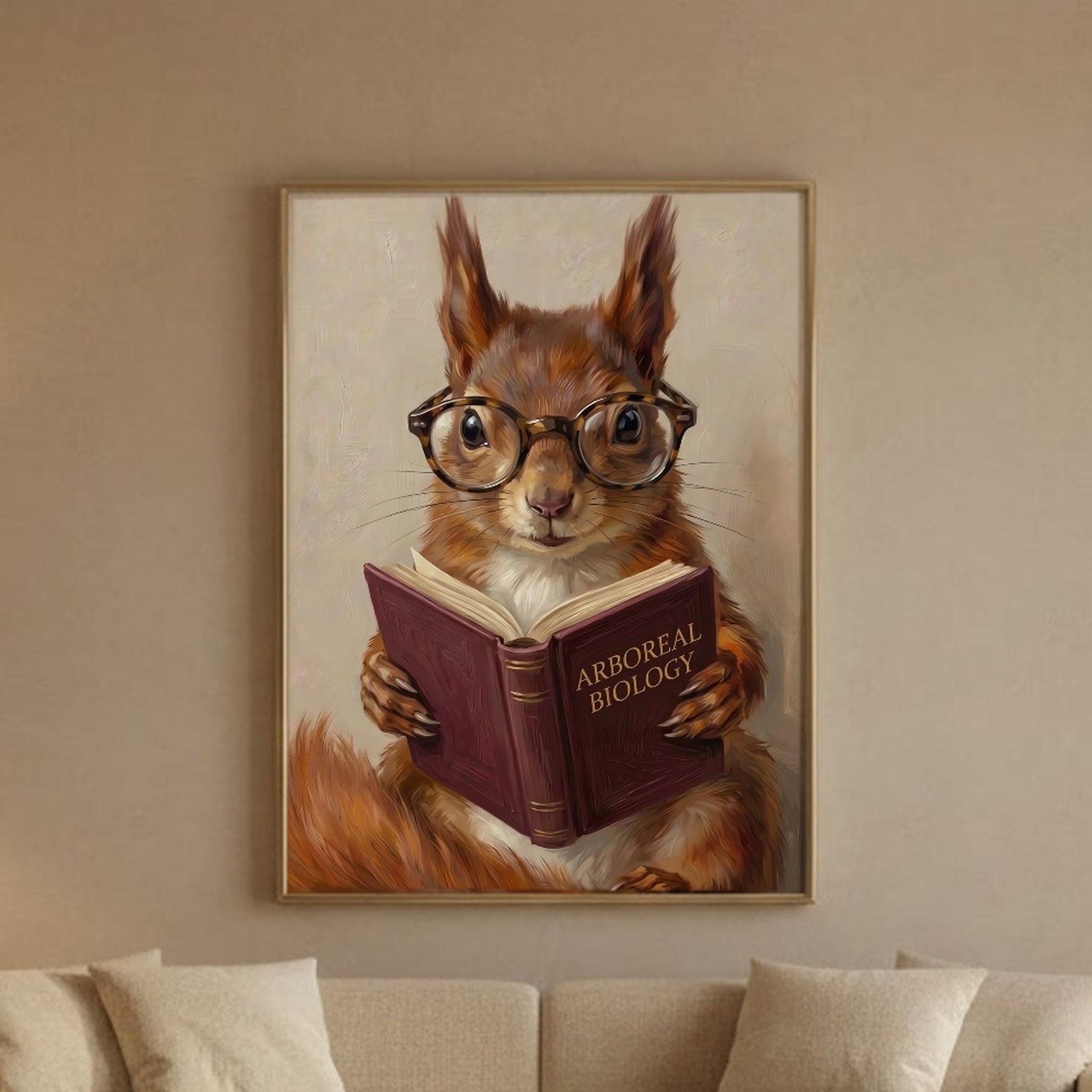 Squirrel Reading Book Wall Art, A red squirrel in round tortoiseshell glasses, holding a deep wine clothbound book open with both front paws, ear tufts up.