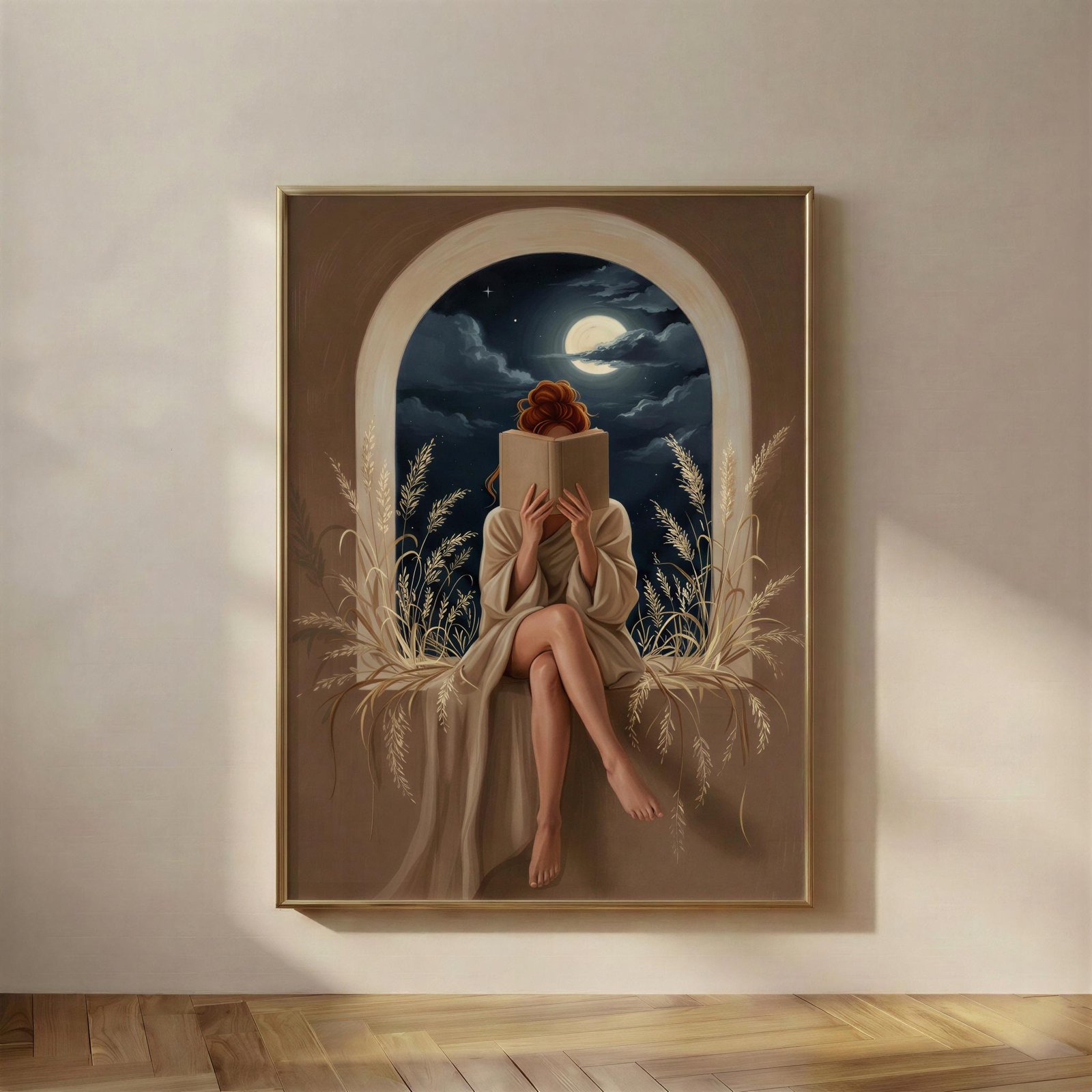Woman Reading by Moonlight, A woman reading by an arched window, a full moon behind her and dried grasses at the sill, the hour when the house has gone quiet an