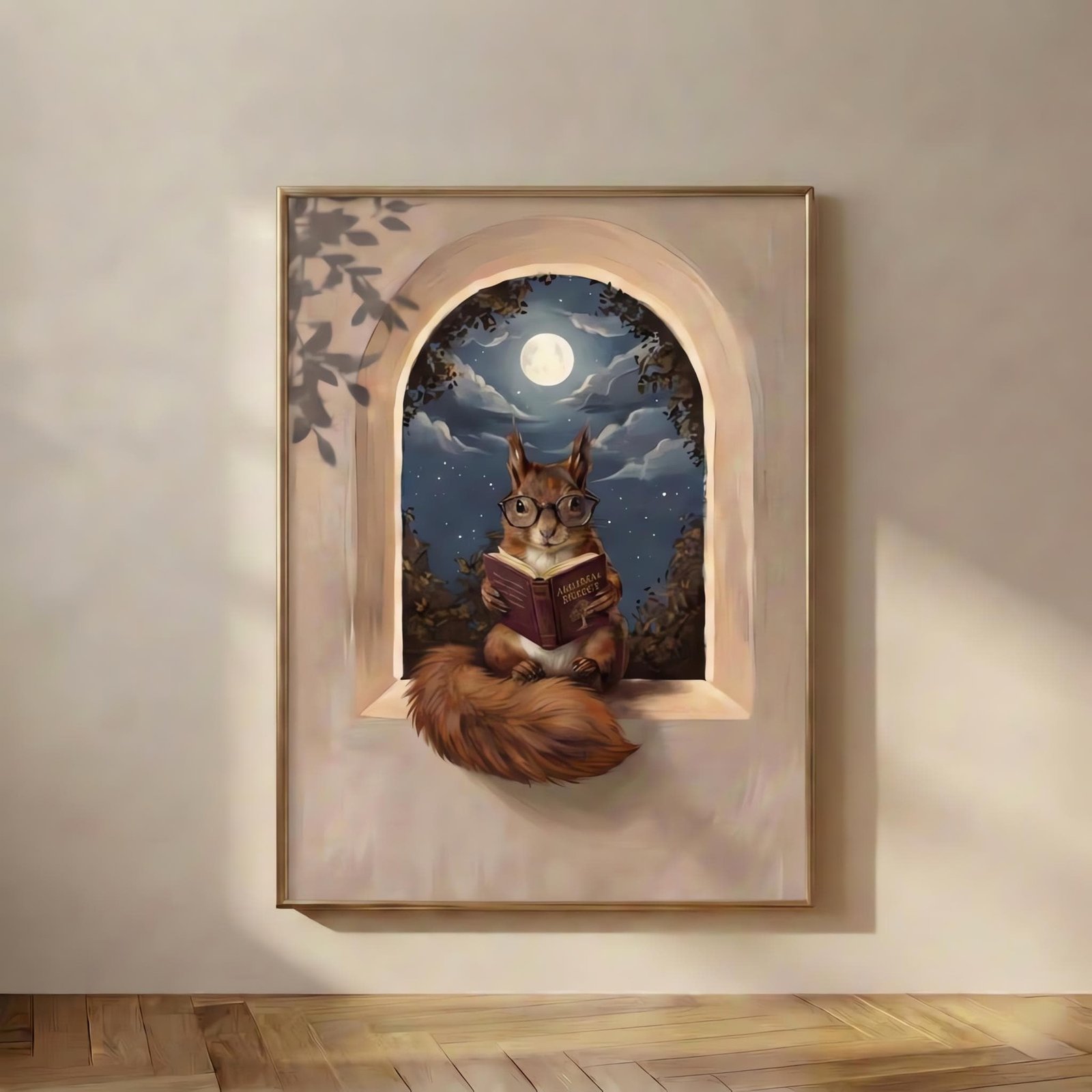 Squirrel Reading Arboreal Biology, A red squirrel in round glasses, working through a clothbound copy of Arboreal Biology by moonlight, tail arranged, expressio
