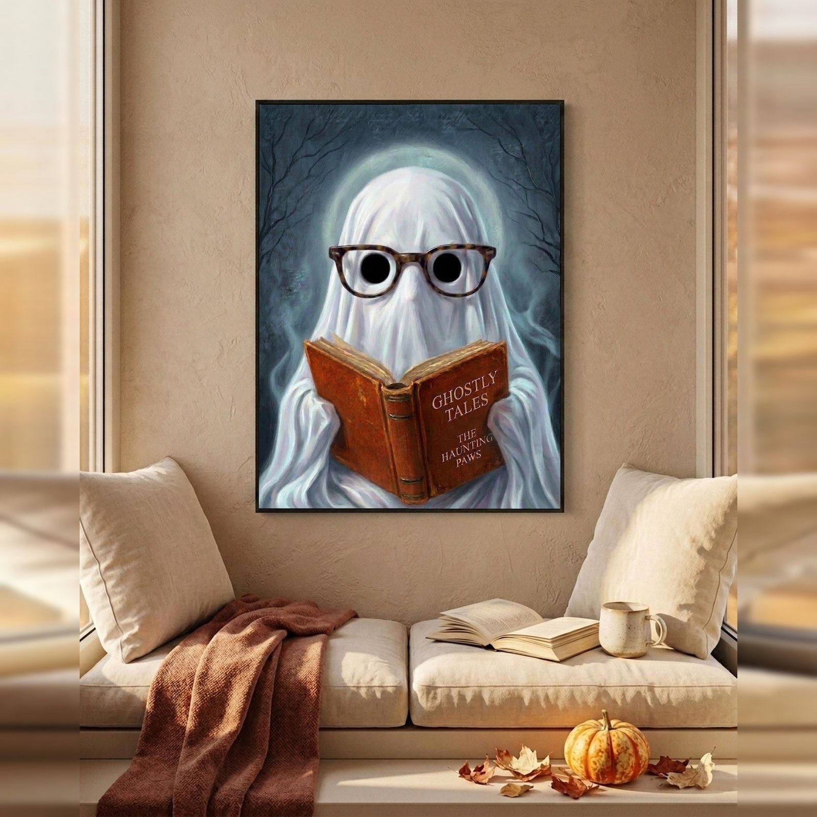 Ghost Reading Wall Art, A small ghost in round glasses, working through a volume of Ghostly Tales, entirely unbothered, entirely absorbed.