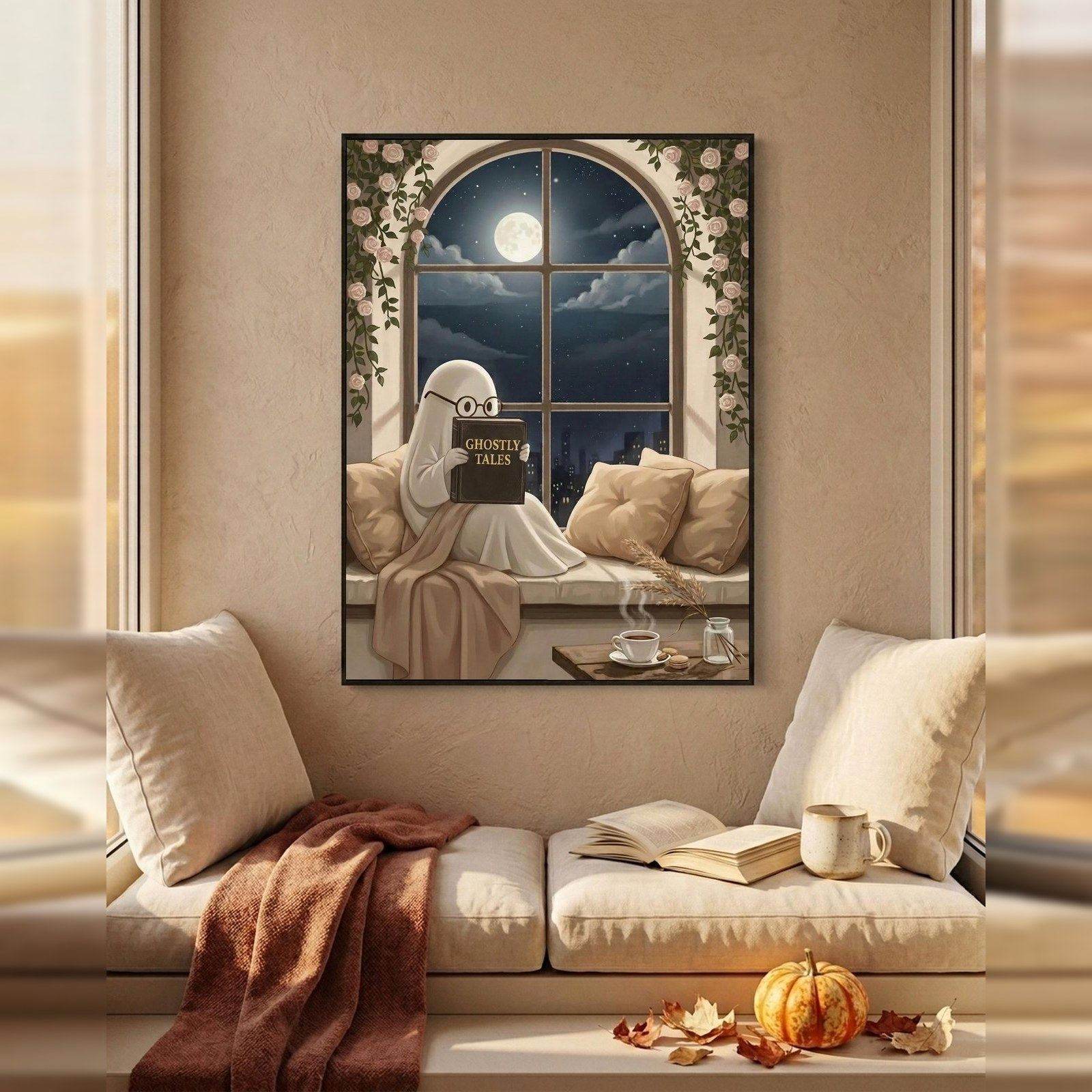 Ghost with Coffee Print, A small ghost in round glasses on a window seat with a book and a cup gone cold, roses at the glass and the moon coming up.