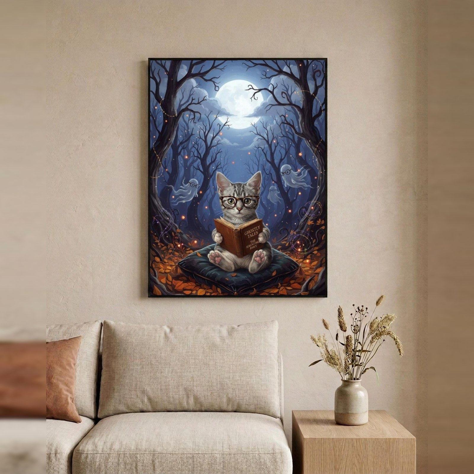Cat Reading with Ghosts, A tabby kitten in round glasses reading on a velvet cushion, a few small ghosts drifting between the trees to listen.
