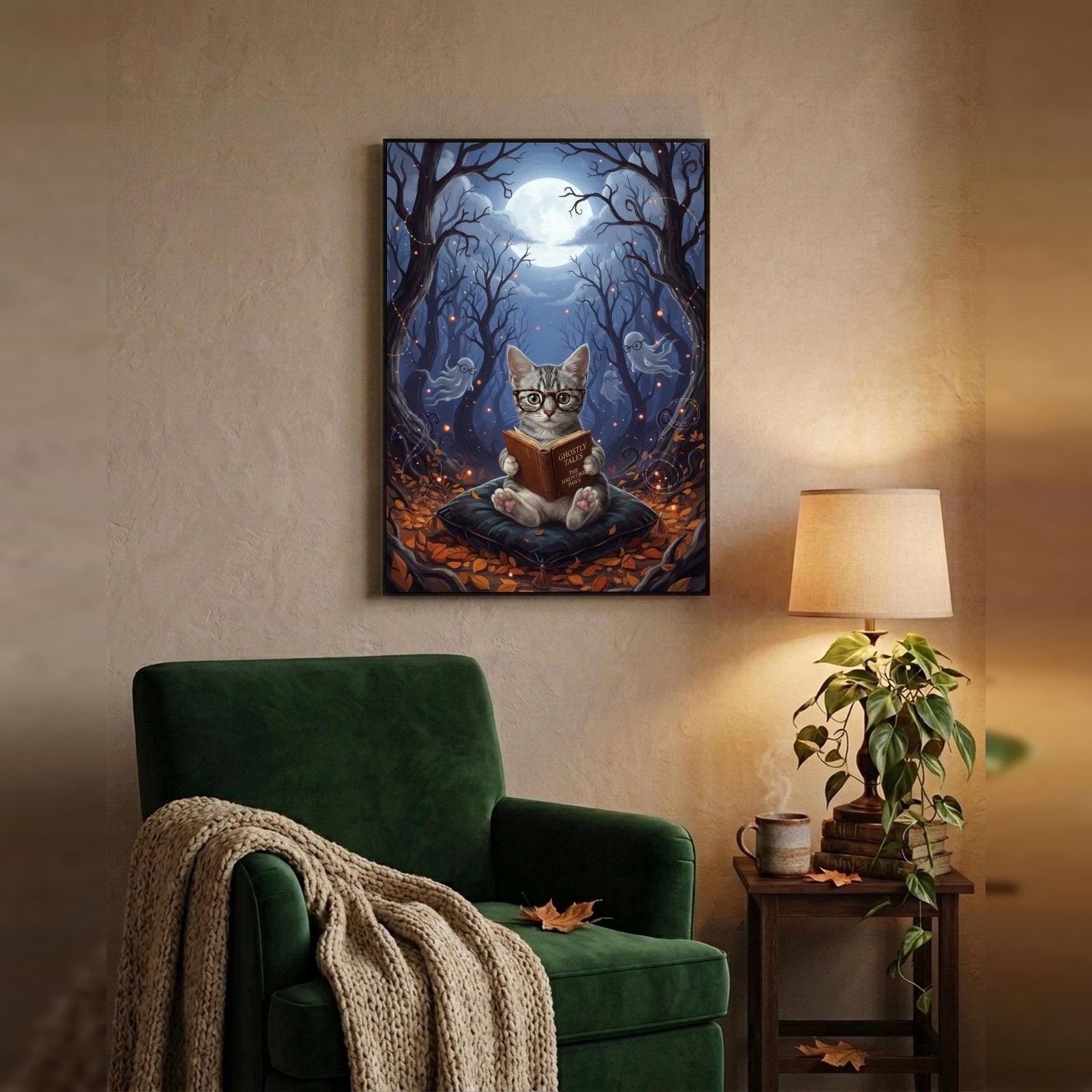 A framed print from the Halloween collection, hung in a soft-lit room