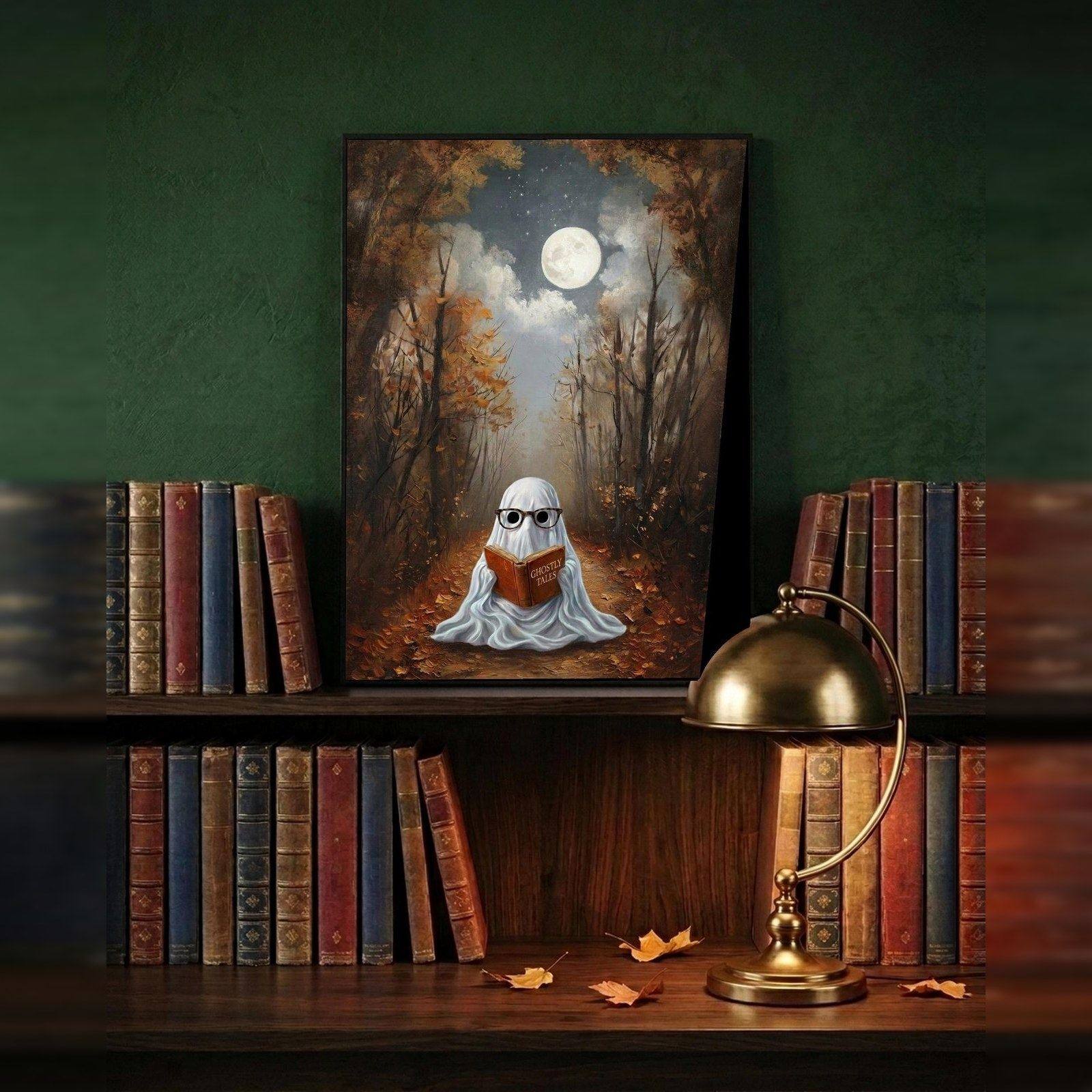 Autumn Woods Ghost Print, A small ghost in round glasses reading alone on a woodland path, the leaves down and the moon caught in the branches.