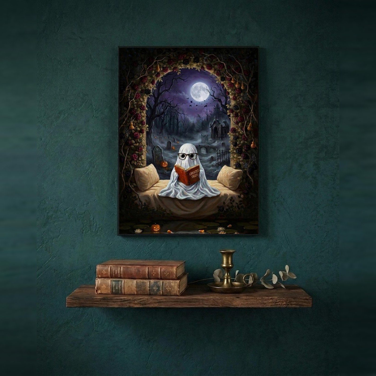 Graveyard Gothic Wall Art, A small ghost in round glasses reading in a rose-covered arch, the old graveyard soft with mist behind it.
