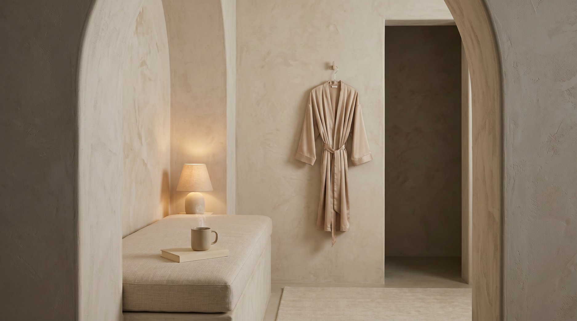 A softly arched alcove with a hanging robe, warm lamp, and steaming mug on a low table