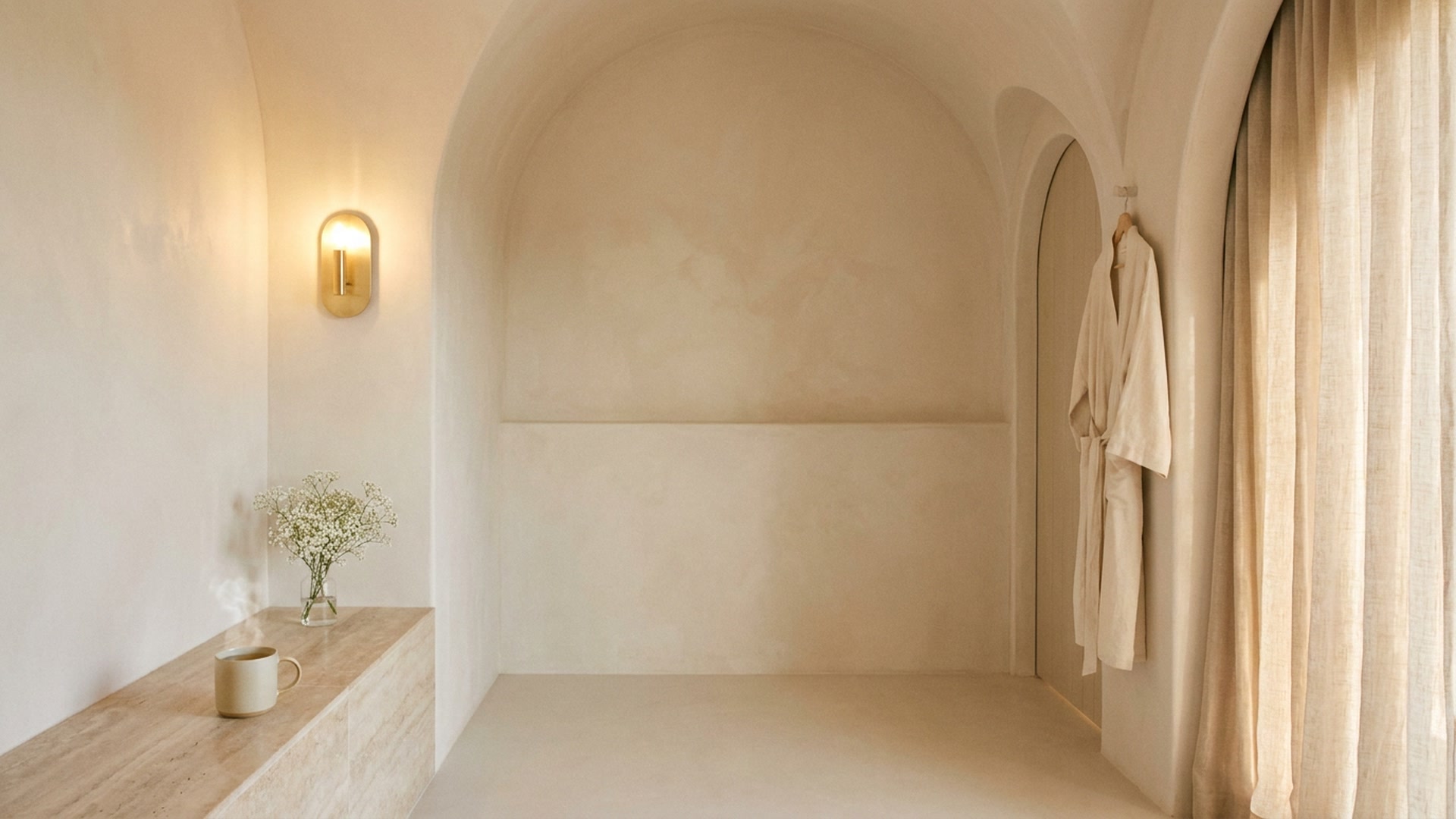 A softly arched alcove with a hanging robe, warm lamp, and steaming mug on a low table
