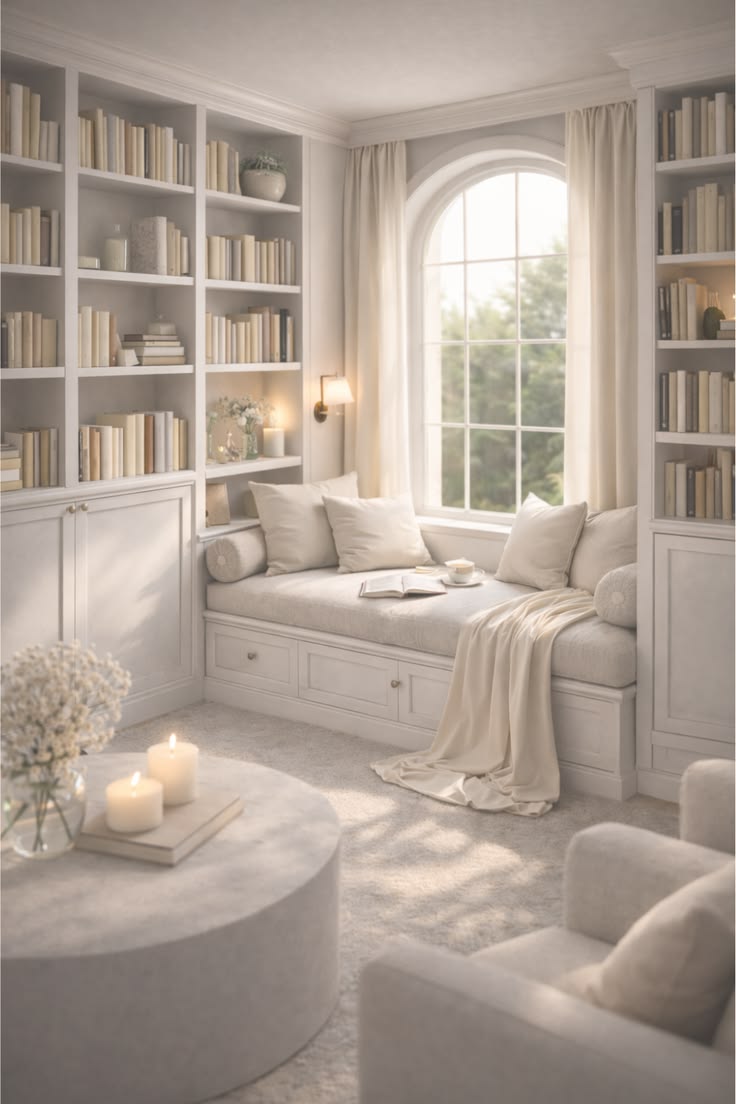 Sunlit white reading nook — arched window, cream bookshelves, soft morning light