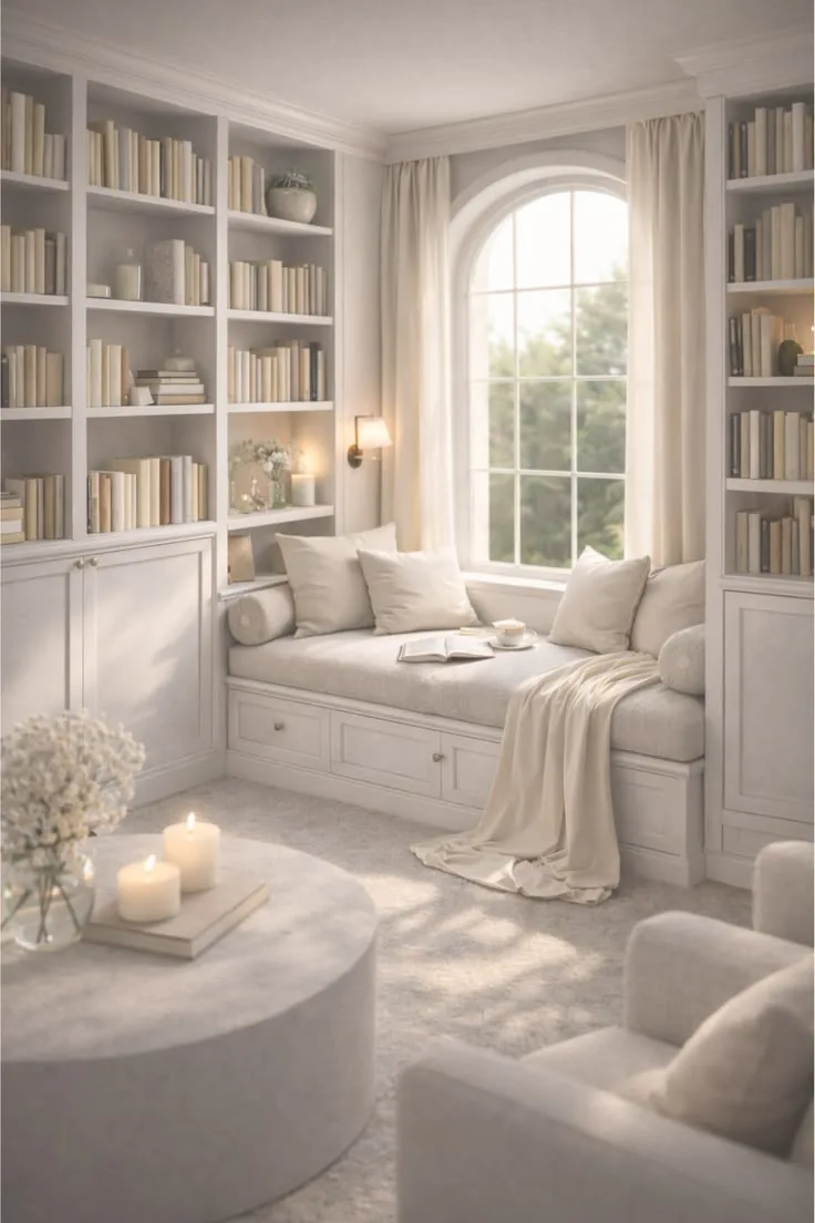 Sunlit white reading nook, arched window, cream bookshelves, soft morning light