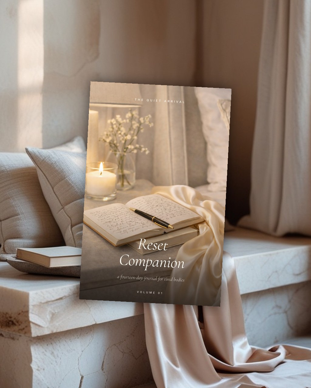 Companion open on bedside table at evening