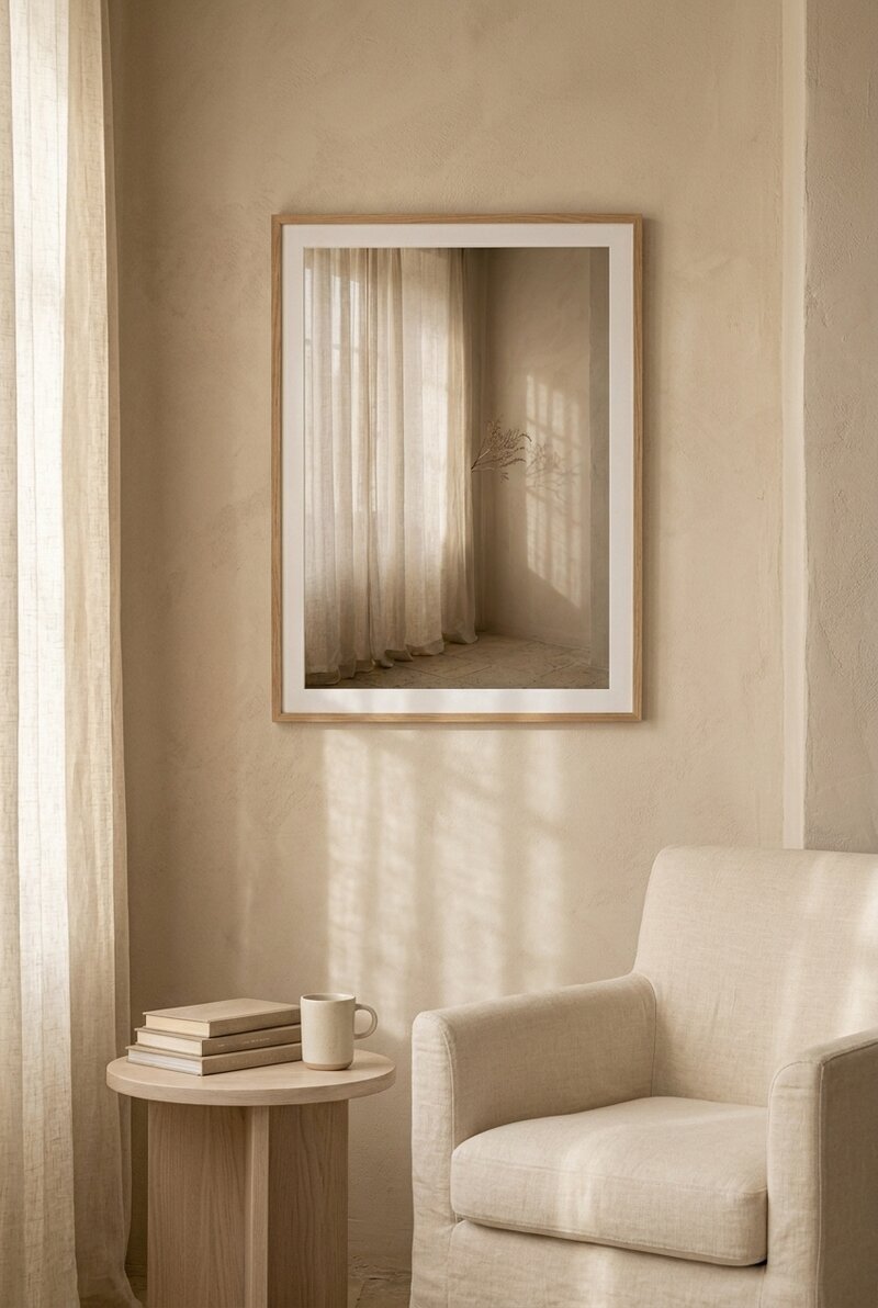 The Quiet Spaces Collection — a framed wall-art scene above a linen reading chair in soft morning light, with the same calm carried onto screen and phone