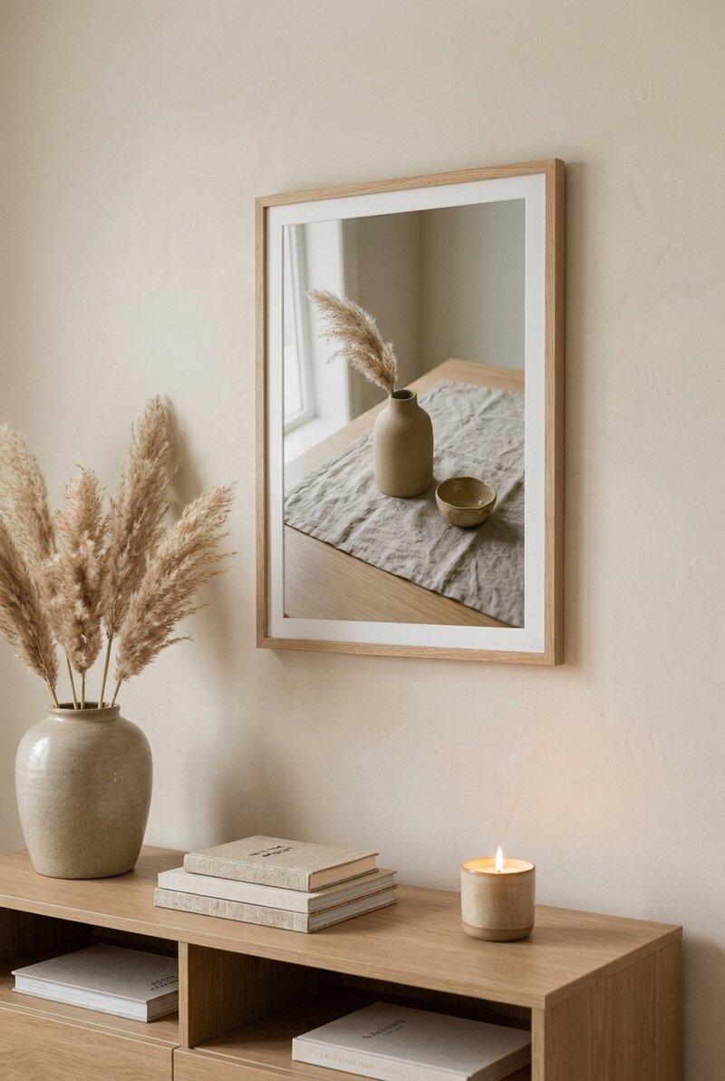 A Reading Nook scene framed above a wooden console with a stoneware vase and a lit candle