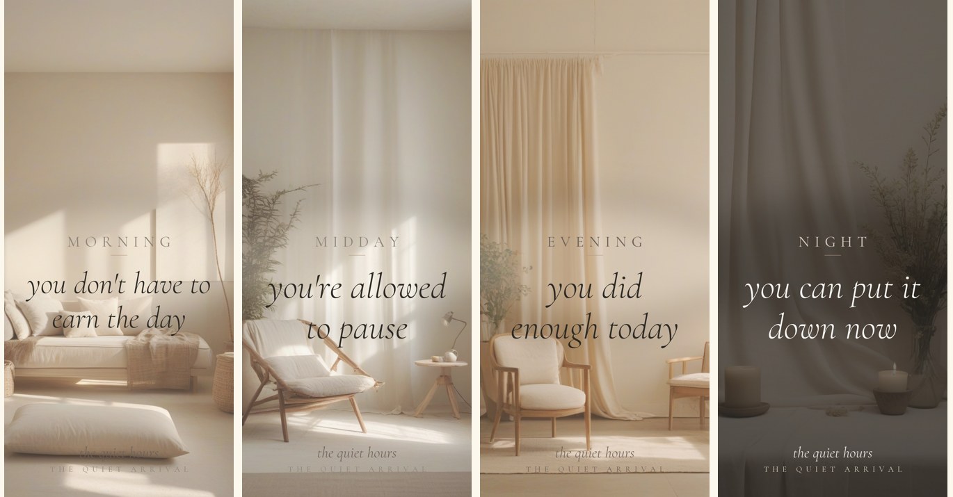 The four Quiet Hours wallpapers side by side — morning, midday, evening, and night — on phone screens, the same room growing warmer then dim