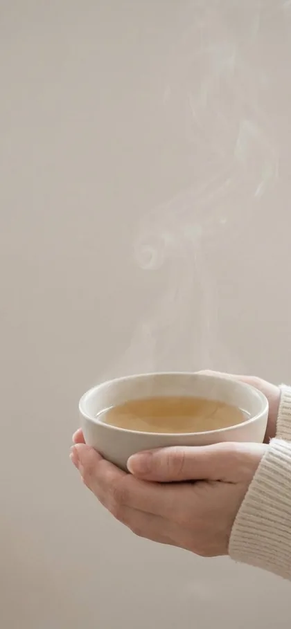 Chamomile, two hands cradling a pale bowl of tea, steam rising into empty warm-grey space